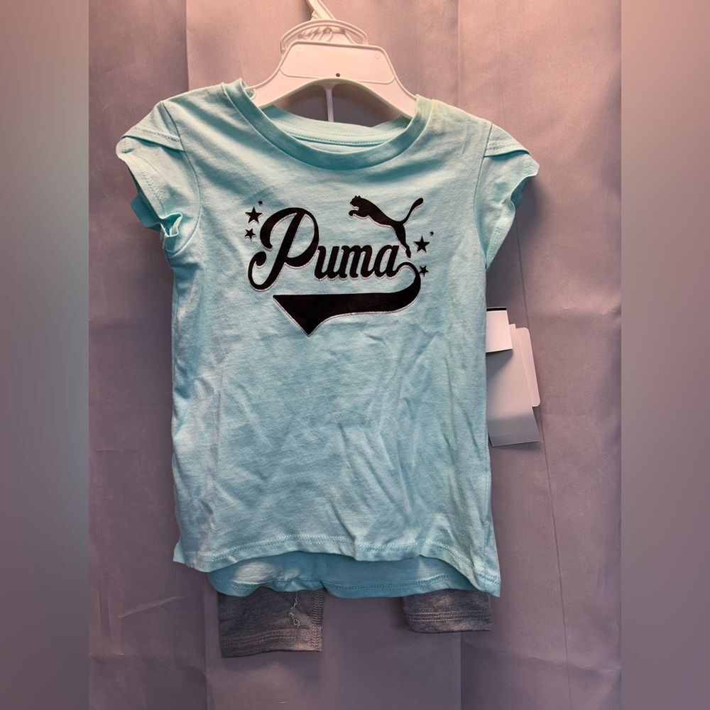 Puma toddler 2 piece set with Light Blue top and grey bottoms, size 24 M